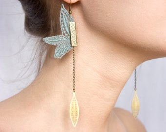 Long lace earrings - PENDULUM (Original) -  statement earrings mint green rustic turquoise lace Tatting butterfly earrings. Best sellers.