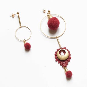 Pompom earrings ARTILLERY asymmetrical, mismatched earrings boho black, white, olive khaki, raspberry red pom pom & lace statement earring image 6