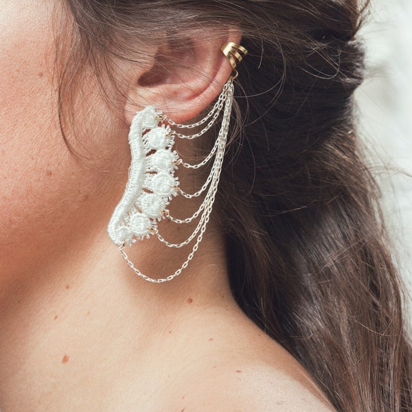 Lace ear cuff - ICARUS CUFF - Black or white lace, with brass cuff dainty ear cuff single stud earring no piercing required handmade