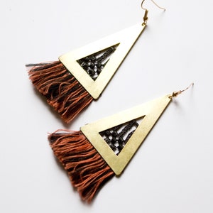 Fringe earrings, lace statement earrings SAYULITA Neon or jute fringe tassels geometric triangle ethnic macrame raw brass boho Black&ember fringe