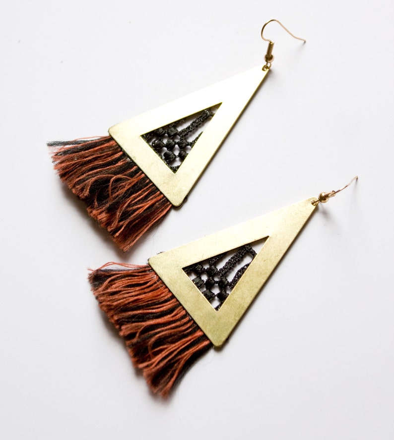 Fringe earrings, lace statement earrings SAYULITA Neon or jute fringe tassels geometric triangle ethnic macrame raw brass boho Black&ember fringe