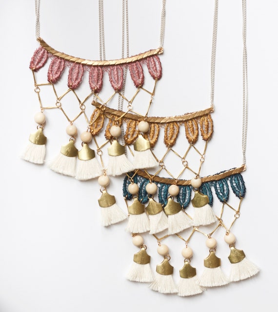 Tassel Fringe Necklace CALI Vintage Lace Necklace With Brass Chains Exotic Beads and Fringe Tassels Statement and Boho Necklace Surf Etsy Canada