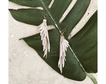 Beige lace statement earrings - PARROT - Bold feather earrings crochet, tatting, macrame fabric earrings gold vintage chain large long boho