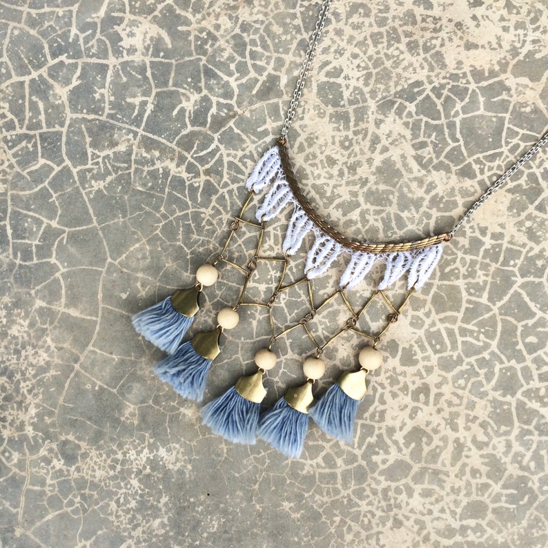 Tassel fringe necklace CALI Vintage lace necklace with brass chains exotic beads and fringe tassels statement and boho necklace surf image 9