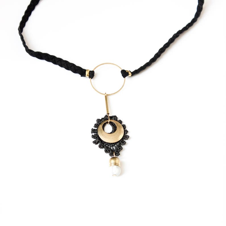 Black pendant choker statement necklace ARTILLERY Lace, brass & marbled jade bead on braided vegan suede. Modern choker Adjustable length. image 8