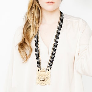 Lace and wood necklace - BARONG - Black lace with bronze chain & hand carved exotic Balinese wood statement wood necklace mythology jewelry