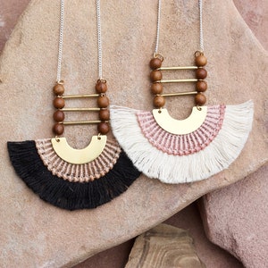 Fringe statement necklace NUBIAN DESERT Adjustable half moon necklace. Bali African fabric textured textile necklace fringe fiber jewelry image 4