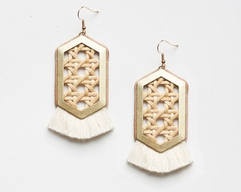 Rattan statement earrings - IMPALA - Woven bamboo, cotton fringe, raw brass geometric 70s boho fabric wicker African tiki ethnic tribal