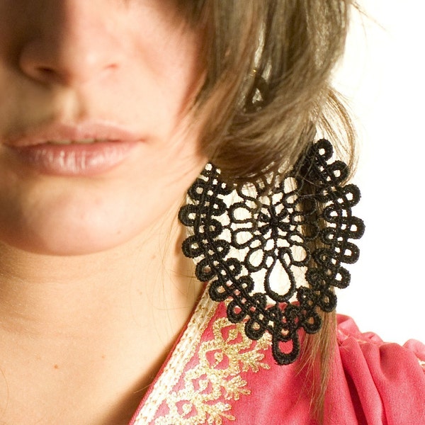 Black lace earrings - PERSIAN RUG - Vintage lace in a doily shape hand dyed extra large bold chunky statement earrings filigree crochet oval