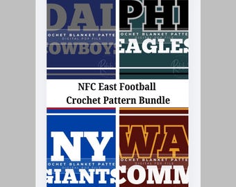 May include: A digital PDF bundle of four NFC East football crochet blanket patterns. The graphic displays team-themed designs in blue, green, and burgundy with text including DAIPHI, COWBOYS, EAGLES, NY GIANTS, WA COMMANDERS, and NFC East Football Crochet Pattern Bundle.