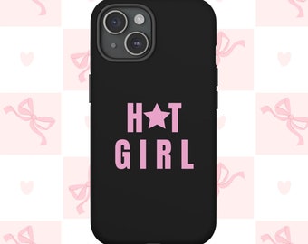 Puede incluir: Carcasa de teléfono negra con una estrella rosa y el texto "HOT GIRL" impreso en ella.
