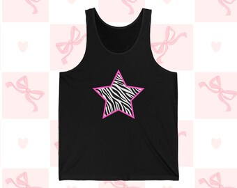 May include: Black tank top with a pink outlined star featuring a zebra print design.