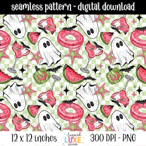 May include: Seamless digital download pattern featuring a repeating design of ghosts, watermelon slices, cocktail glasses, and pumpkins on a green and white checkered background. Includes text that reads "12 x 12 inches" and "300 DPI - PNG".