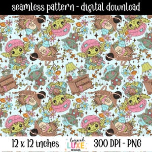May include: A seamless digital pattern featuring green goblins, brown wheelbarrows filled with skulls and books, nightstands with lamps, and colorful flowers on a light blue background. The design includes text reading seamless pattern - digital download, 12 x 12 inches, and 300 DPI - PNG.