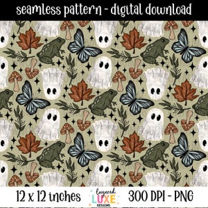 Può includere: Un motivo digitale senza cuciture con illustrazioni di fantasmi, farfalle, rane, funghi e foglie autunnali. Il design è su uno sfondo verde chiaro con il testo "seamless pattern - digital download" e "12 x 12 inches (30,48 x 30,48 cm)".