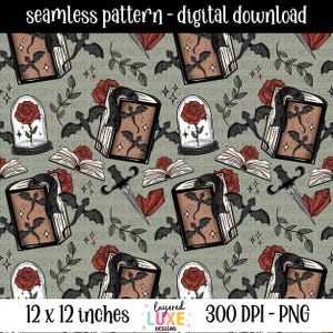 Dark Romance Seamless Pattern PNG | Gothic Bookish Digital Paper | Bat Book Rose Repeat Pattern Sublimation Digital Download