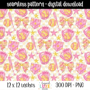 May include: A seamless digital download pattern featuring softball elements. The design includes softballs, gloves, bats, bows, and stars in shades of pink, yellow, and gold. The pattern is set on a white and yellow striped background. The image is 30.48 x 30.48 cm.