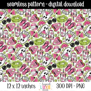 May include: Seamless digital download pattern featuring a repeating design of ghosts, watermelon slices, sunglasses, pool floats, flip-flops, and beach balls. The pattern includes the text "Sweet & Spooky" and is 12 x 12 inches.