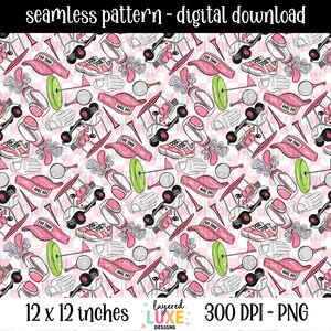 May include: Seamless digital download pattern featuring golf-themed elements. The design includes golf carts, golf clubs, visors, golf balls, golf shoes, and gloves in pink, white, and green on a checkered background. The pattern is 12 x 12 inches.