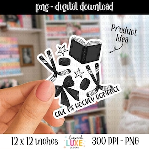 May include: A black and white sticker design featuring hockey sticks, pucks, a bow, a book, and stars. The text "GIVE ME HOCKEY ROMANCE" is included. The sticker measures 12 x 12 inches.