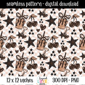 May include: Seamless digital pattern featuring brown stars, cherries, hearts, and drinks with straws on a checkered background. The design includes keychains and the text "12 x 12 inches" (30.48 cm x 30.48 cm).
