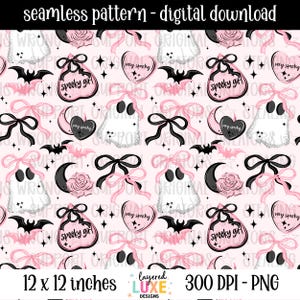 Spooky Girl Halloween Seamless Pattern PNG Digital Paper Pink Ghost Coquette Halloween Fabric Design Tumbler Wrap Scrapbook Halloween Gift