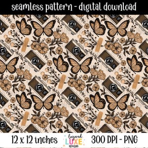 May include: Seamless digital download pattern featuring butterflies, vintage cameras, and floral elements in shades of brown and beige. The design includes the text "seamless pattern - digital download" and the dimensions "12 x 12 inches".