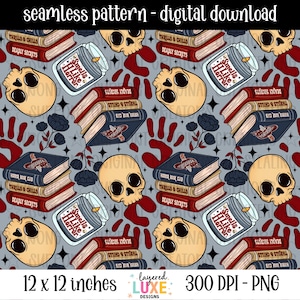 May include: A seamless digital pattern featuring skulls, stacks of books labelled Thrills & Chills, Deadly Secrets, and Horror Book Club, candles labelled Smells Like Horror, red handprints, and black flowers on a light grey background with stars.