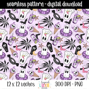 May include: Seamless digital download pattern featuring Halloween-themed illustrations. The design includes ghosts, bats, ice cream cones, coffins, and cocktails in a repeating pattern. The color palette is primarily purple, black, and white, with accents of pink and orange. The text "seamless pattern - digital download" is at the top.