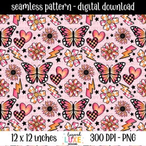 Butterfly Sunflower Flames Seamless Pattern - Pink Orange PNG (Digital Download)