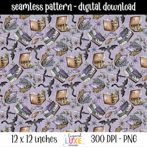 May include: A seamless digital download pattern with a lavender backdrop, showcasing open books, crystals, swords, bats, and botanical designs. The pattern includes the text "seamless pattern - digital download" and "12 x 12 inches".