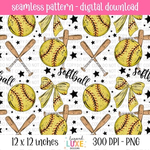 May include: A seamless digital pattern download featuring softball imagery. The design includes yellow softballs with red stitching, crossed wooden bats, bows, and black stars on a white backdrop. The word "Softball" is also included.