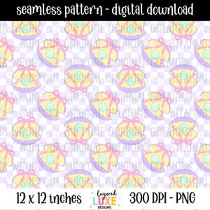 May include: Seamless digital pattern featuring a repeating design of yellow clamshells with pink bows, light blue pearls, and purple edges. The background is a checkered pattern with text that reads "SUPPORT ORIGINAL CREATORS".