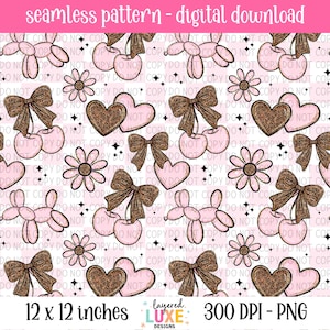 May include: A seamless digital pattern featuring pink and brown illustrations of bows, cherries, hearts, flowers, and balloon animals. The pattern is set on a pink and white striped background. The image is 12 x 12 inches.