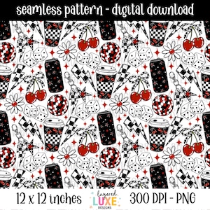 Könnte beinhalten: Nahtloses digitales Muster mit einem sich wiederholenden Design aus Kirschen, Würfeln, Discokugeln, Kaffeetassen, Limonadendosen, Gänseblümchen und Blitzen in Schwarz, Weiß und Rot. Das Bild ist 30,48 cm x 30,48 cm groß.