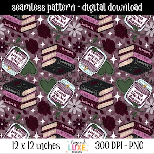Può includere: Un motivo digitale senza giunture con pile di tre libri intitolati Touch Her & Die, Choke Me e Dark Romance, insieme a candele etichettate Smells Like Dark Romance, rose rosso scuro, cuori verdi e stelle bianche su uno sfondo a scacchi.
