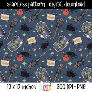 May include: A seamless digital pattern on a dark blue background featuring illustrations of Essence of Belladonna bottles, broomsticks, black beetles, red apples, and tarot cards with green smoke, accented by small yellow four-pointed stars.