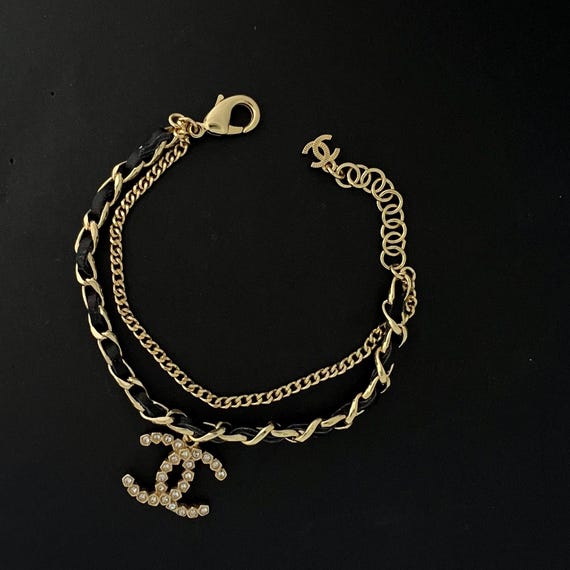 VTG Chanel Bracelet Black Leather Gold Charm