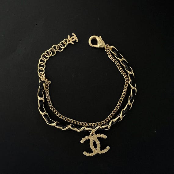 VTG Chanel Bracelet Black Leather Gold Charm