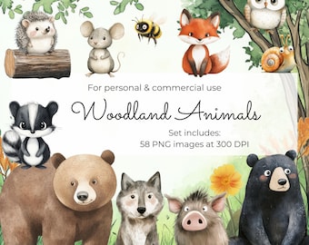 Clipart aquarel bosdieren: 102 png's voor kinderkamerinrichting (digitale download)