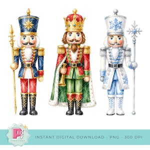 May include: Watercolour illustration of three decorative nutcrackers. The nutcrackers are dressed in festive outfits with gold accents, including a blue and red uniform, a red and green king's attire, and a white and blue winter-themed outfit. Each holds a staff or instrument.