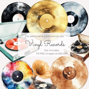 Conjunto de imágenes prediseñadas de tocadiscos vintage: gráficos retro de los 80 (descarga digital PNG)