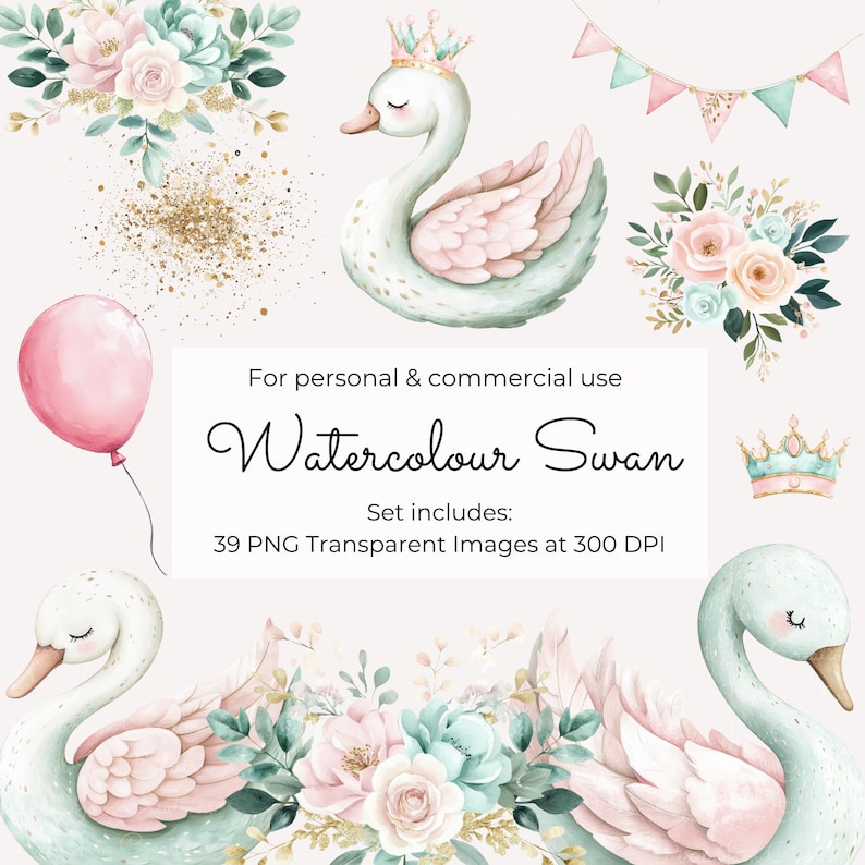 Watercolor Swan Clipart Set: Floral Bouquets, Transparent Pngs (300 DPI ...