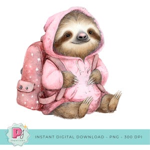 Lindo perezoso PNG, ilustración de perezoso en acuarela, clipart para niños, descarga digital, perezoso bebé con mochila, sublimación de perezoso