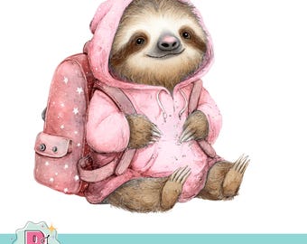 Watercolor Sloth Clipart PNG: Baby Sloth with Backpack (Digital Download)