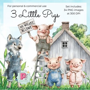 Drei kleine Schweinchen Clipart, Wolf Grafik, Märchen Bilder, Süße Schweinchen, Kinderzimmer Dekor, Aquarell Bilder, Kommerzielle Nutzung, PNG