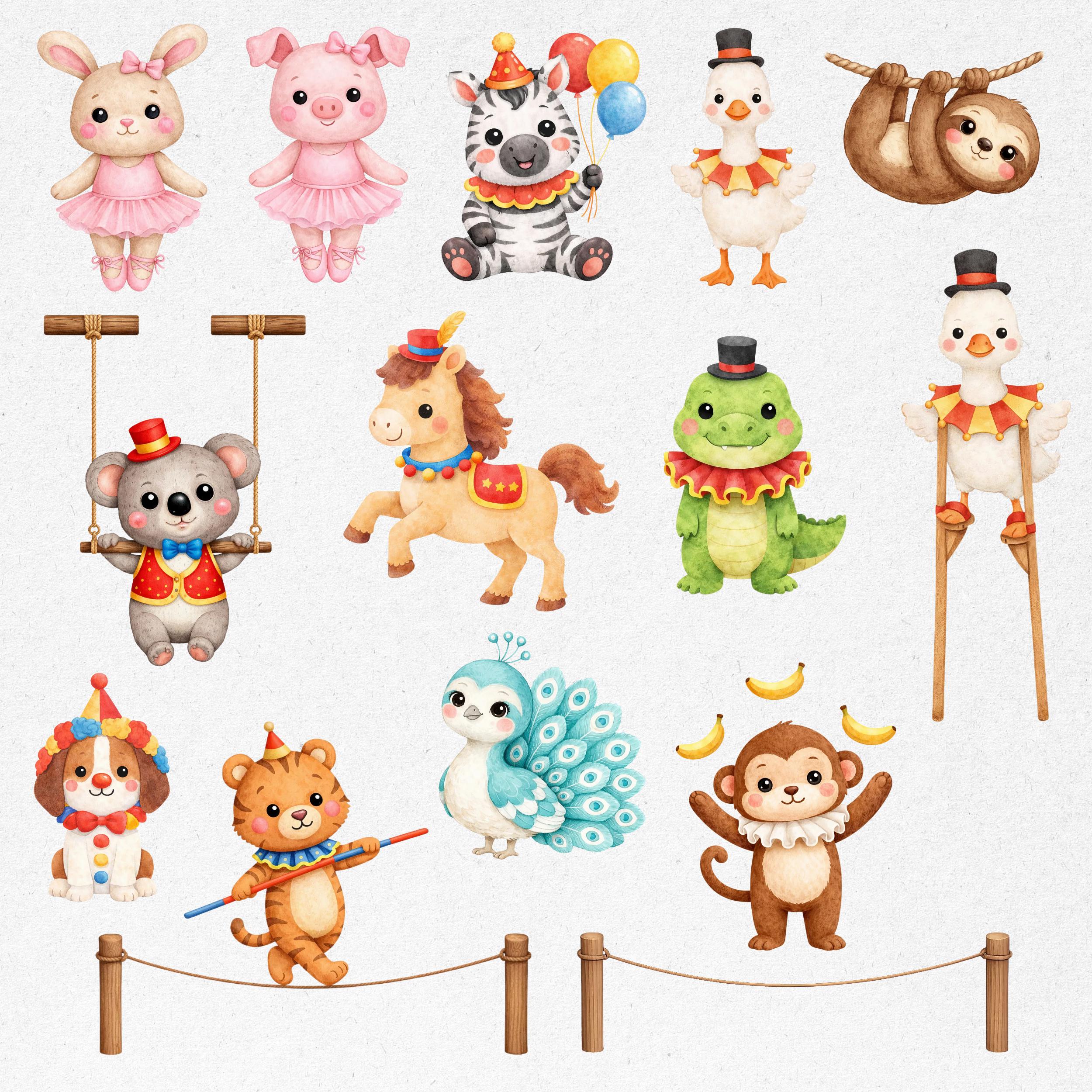 Circus Animals Clipart Bundle, Cute Watercolour Carnival Clipart PNG ...