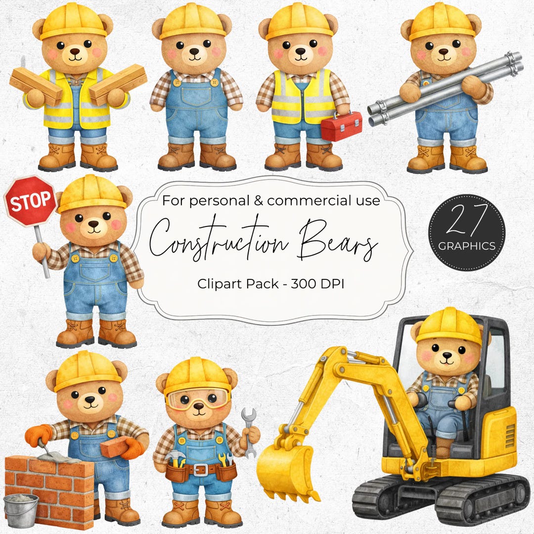 Construction Bears Clipart Bundle, Cute Builder Bear PNG, Construction ...