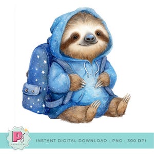 Lindo perezoso PNG, ilustración de perezoso en acuarela, clipart para niños, descarga digital, perezoso bebé con mochila, sublimación de perezoso