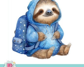 Watercolor Sloth Clipart: Baby Sloth with Backpack (Digital Download PNG File))